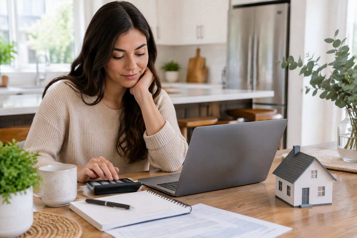 Homebuyer reviewing a mortgage budget with a calculator
